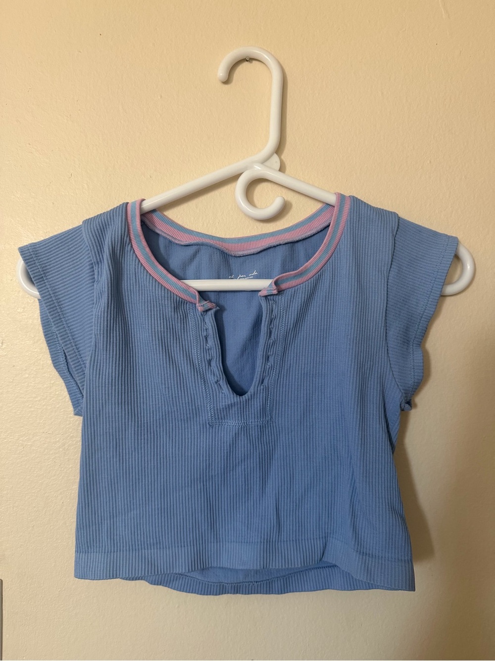 Urban Outfitters Blue Ribbed Crop Top with Pink Trim